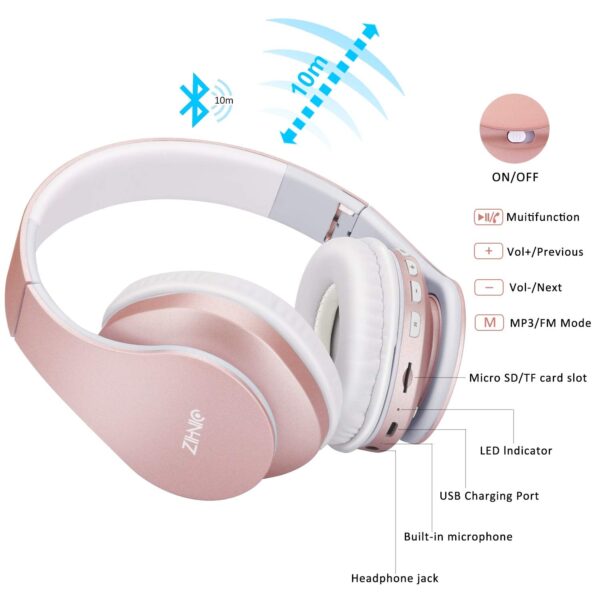 ZIHNIC Bluetooth Headphones Over-Ear, Foldable Wireless and Wired Stereo Headset Micro SD/TF, FM for Cell Phone,PC,Soft Earmuffs &Light Weight for Prolonged Wearing(Rose Gold) - Image 3
