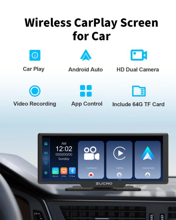 ZUCWO 10.26 Inch Wireless CarPlay Screen for Car, Apple CarPlay & Android Auto Touch Screen Car Stereo with 4K Dash Cam, Bluetooth, Mirror Link, GPS Navigation, FM, Voice Control for Vehicles (Black) - Image 6