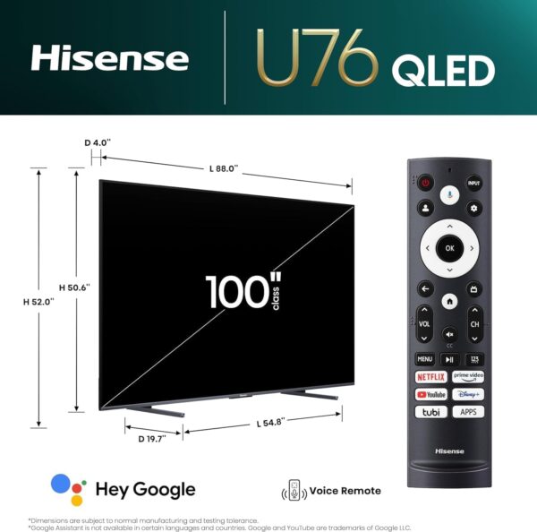 Hisense 100-Inch Class U7 Series ULED 4K UHD Google Smart TV (100U76N, 2024 Model) - QLED, Native 144Hz, Motion Rate 480, Dolby Vision, Full Array Local Dimming, Game Mode Pro, Alexa Compatibility - Image 17