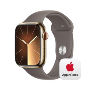 Apple Watch Series 9 [GPS + Cellular 45mm] Smartwatch with Gold Stainless Steel Case with Clay Sport Band M/L with AppleCare+ (2 Years)