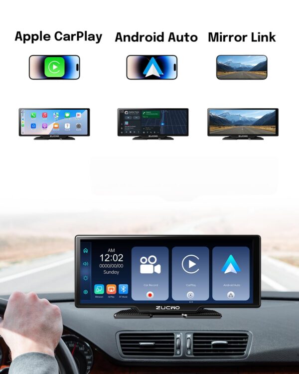 ZUCWO 10.26 Inch Wireless CarPlay Screen for Car, Apple CarPlay & Android Auto Touch Screen Car Stereo with 4K Dash Cam, Bluetooth, Mirror Link, GPS Navigation, FM, Voice Control for Vehicles (Black) - Image 2