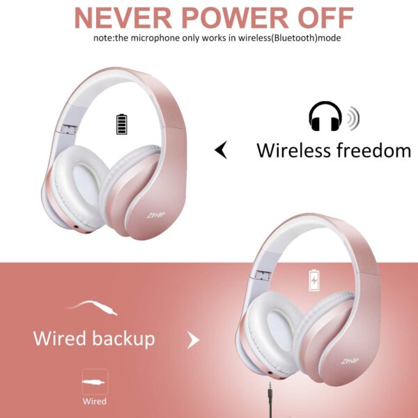 ZIHNIC Bluetooth Headphones Over-Ear, Foldable Wireless and Wired Stereo Headset Micro SD/TF, FM for Cell Phone,PC,Soft Earmuffs &Light Weight for Prolonged Wearing(Rose Gold) - Image 4