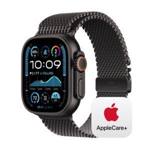 Apple Watch Ultra 2 [GPS + Cellular 49mm] Smartwatch, Sport Watch with Black Titanium Case with Black Titanium Milanese Loop - Medium. Fitness Tracker, Carbon Neutral with AppleCare+ (2 Years)
