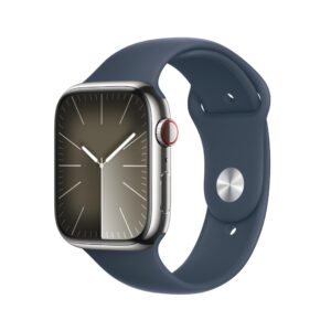Apple Watch Series 9 [GPS + Cellular 45mm] Smartwatch with Silver Stainless Steel Case with Storm Blue Sport Band S/M. Fitness Tracker, Blood Oxygen & ECG Apps, Always-On Retina Display