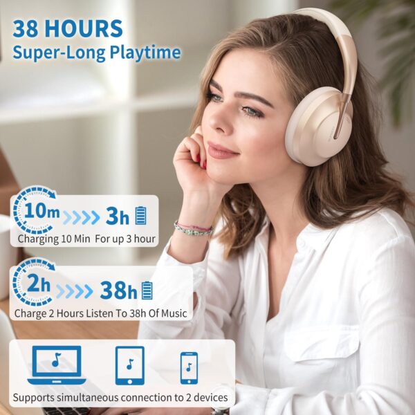 Unbktom Wireless Bluetooth Headphones Active Noise Cancelling Over-Ear Headphones with Microphone for Cellphone/Laptop/Computer (Rose Gold) - Image 4