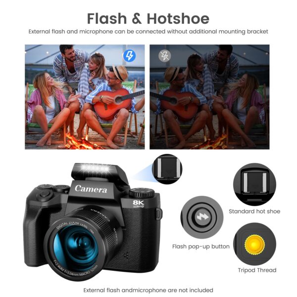 8K Digital Camera for Photography, Vlogging Camera for YouTube with Autofocus, WiFi Touchscreen 16X Digital Zoom Video Camera with 3000mAh Battery, Dual-Lens, Lens Hood, 32GB TF Card and Flash,Black - Image 4