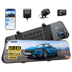 AZDOME PG17 Max 4K+2.5K Mirror Dash Cam with ADAS, BSD and LCA, 12" Rear View Mirror Camera with 5GHz WiFi and Voice Control, Rearview Mirror Backup Camera Includes 64GB Card, GPS, Parking Monitor