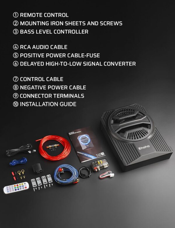 Ehaho 10" 1000W Slim Underseat Car Powered Subwoofer with Amplifier & RGB Lights – APP/Remote Control, Music Sync Bass & Rainbow Chasing Effects, Car Truck Audio Subwoofer and Amp Package - Image 2
