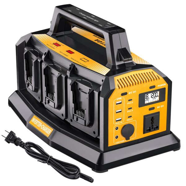 Adisipsoarin 1200W Power Inverter & 6A Rapid Charger for DeWalt 20V Battery – 6-Port DC to AC 120V Converter, 3 USB-A + 3 USB-C, 300lm LED Light for Camping, Travel, Emergencies(Battery not Included)