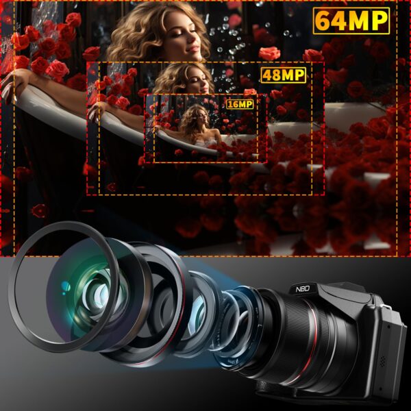 NBD 64MP Digital Cameras for Photography,5K Vlogging Cameras for YouTube,16X Optical Zoom Travel Point and Shoot Digital Cameras Fotograficas with 180°Flip Screen,58mm UV Lens,2 Batteries(Black) - Image 7