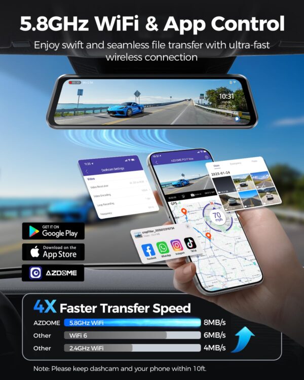AZDOME PG17 Max 4K+2.5K Mirror Dash Cam with ADAS, BSD and LCA, 12" Rear View Mirror Camera with 5GHz WiFi and Voice Control, Rearview Mirror Backup Camera Includes 64GB Card, GPS, Parking Monitor - Image 6