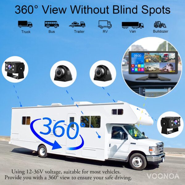 4K RV Backup Camera System 10.36" Quad Split Touch Screen Monitor with 4 1080P Rear Side View Camera, DVR Recording Bluetooth MP3 MP5 IP69 Waterproof Night Vision for RV Truck Trailer Tractor - Image 7