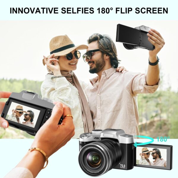 Yatao Cameras for Photography & Vlogging,75MP 4K Digital Camera with Flip Touchscreen, 10X Optical Zoom, WiFi, 64GB TF Card, Card Reader, Compact YouTube Camera for Travel, Beginners, Creators - Image 3