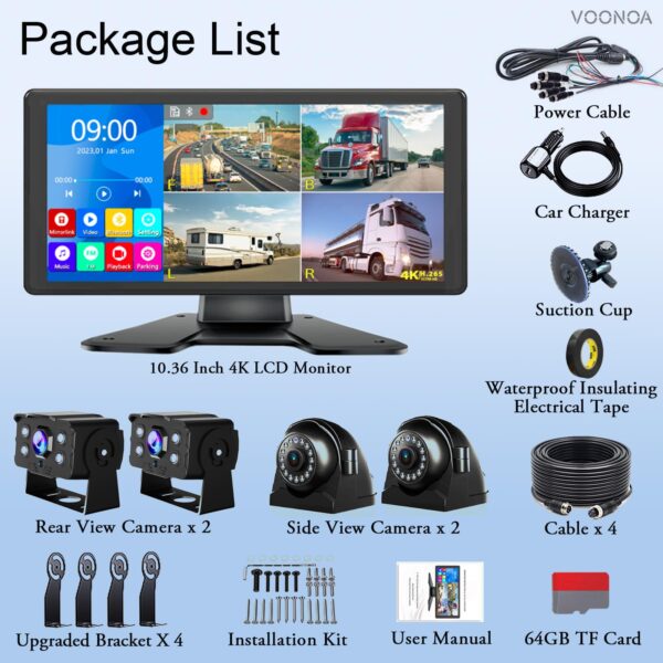 4K RV Backup Camera System 10.36" Quad Split Touch Screen Monitor with 4 1080P Rear Side View Camera, DVR Recording Bluetooth MP3 MP5 IP69 Waterproof Night Vision for RV Truck Trailer Tractor - Image 2