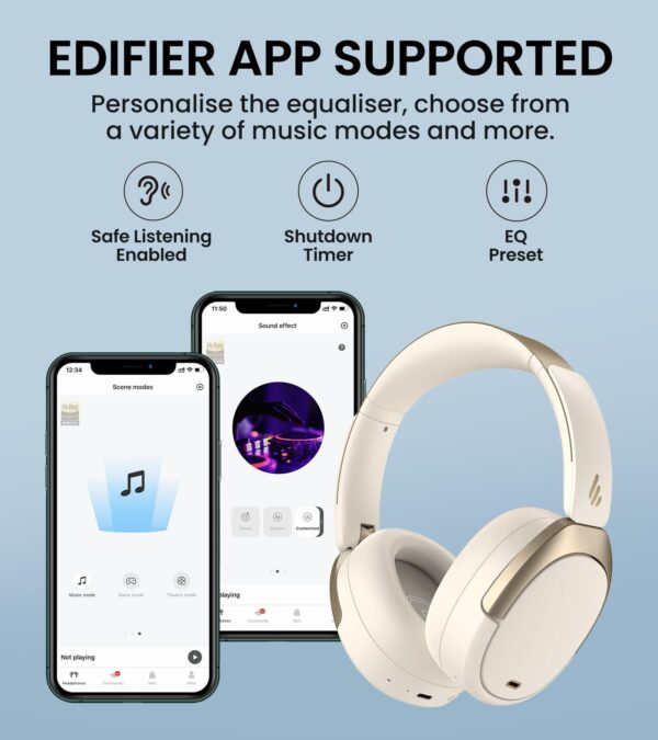 Edifier WH950NB Active Noise Cancelling Headphones, Bluetooth 5.3 Wireless Headphones, LDAC Hi-Res Audio, 55 Hours Playtime, Google Fast Pairing for Android, Dual Device Connection, App Control, White - Image 3