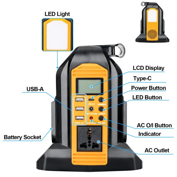 YEX-BUR 350W Power Inverter for Dewalt 20v 60v Battery, 4-Ports DC 20V to AC 120V Pure Sine Wave Inverter with 3 USB-A & 1 USB-C Port, 300LM LED Light for Outdoor Activities(No Battery) - Image 4