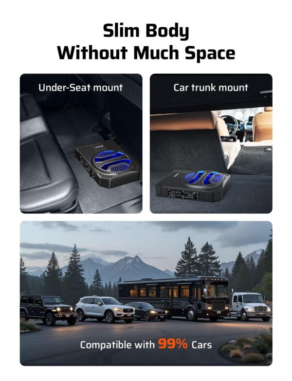 Ehaho 10" 1000W Slim Underseat Car Powered Subwoofer with Amplifier & RGB Lights – APP/Remote Control, Music Sync Bass & Rainbow Chasing Effects, Car Truck Audio Subwoofer and Amp Package - Image 3