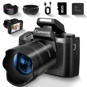 8K Digital Camera for Photography, Vlogging Camera for YouTube with Autofocus, WiFi Touchscreen 16X Digital Zoom Video Camera with 3000mAh Battery, Dual-Lens, Lens Hood, 32GB TF Card and Flash,Black