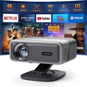[Netflix Officially&AI Auto Focus]AuKing Smart Projector with Wifi and Bluetooth,Auto Focus&Keystone Projector4K,3D DoIby Audio, 1200ANSI Outdoor Projector with Omnidirectional Rotating Stand(Grey)
