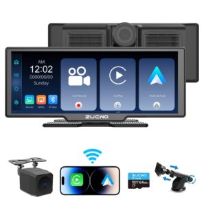 ZUCWO 10.26 Inch Wireless CarPlay Screen for Car, Apple CarPlay & Android Auto Touch Screen Car Stereo with 4K Dash Cam, Bluetooth, Mirror Link, GPS Navigation, FM, Voice Control for Vehicles (Black)