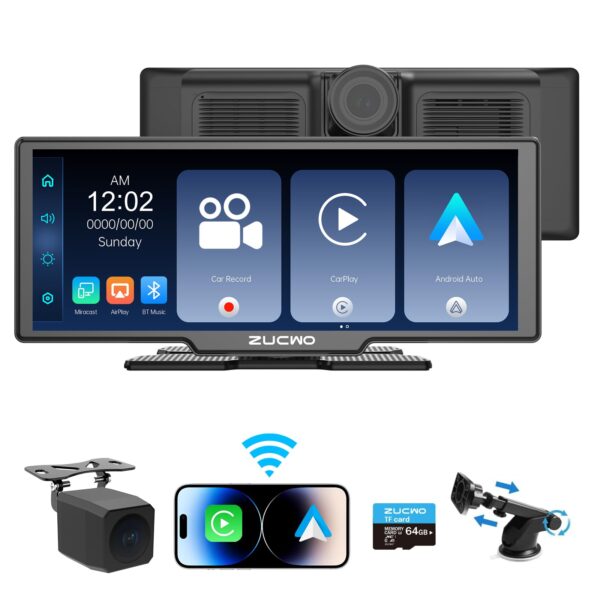 ZUCWO 10.26 Inch Wireless CarPlay Screen for Car, Apple CarPlay & Android Auto Touch Screen Car Stereo with 4K Dash Cam, Bluetooth, Mirror Link, GPS Navigation, FM, Voice Control for Vehicles (Black)