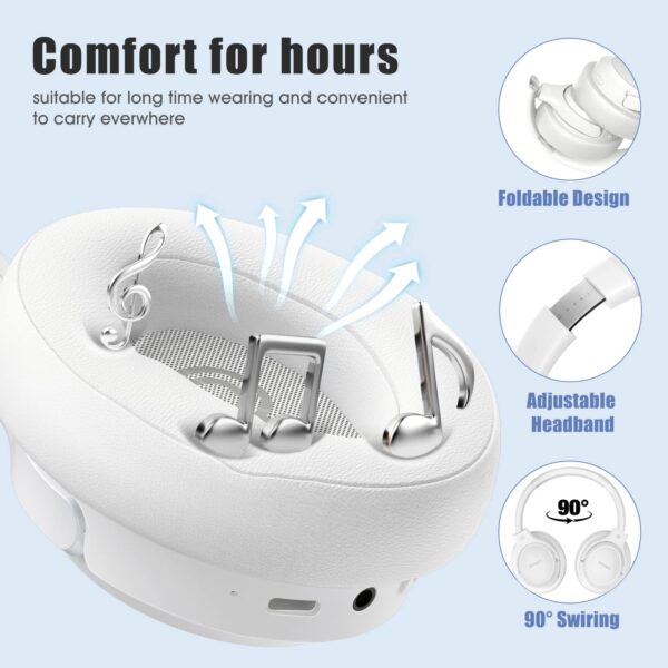 BERIBES Bluetooth Headphones Over Ear, 65H Playtime and 6 EQ Music Modes Wireless Headphones with Mic, HiFi Stereo Foldable Lightweight Headset, Deep Bass for Home Office Cellphone PC Etc.(White) - Image 5