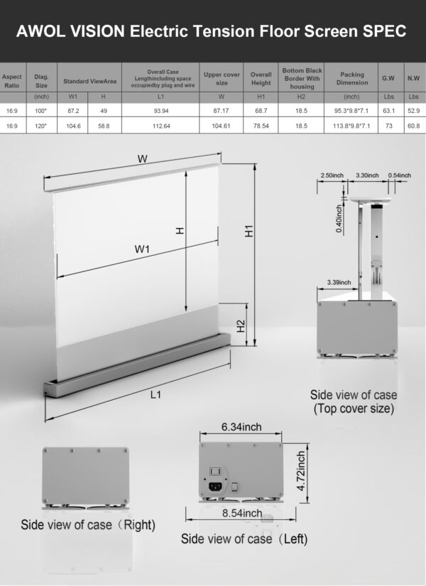 AWOL VISION 120" Motorized Rising Matte White Projector Screen for Long Short Ultra Short Throw Projector, Floor Stand Indoor Outdoor Theater Screen, 170°+ Viewable 4K/8K Ultra HD MW-F220 - Image 3