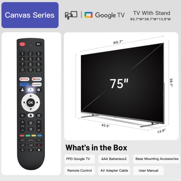 FPD 75 Inch Smart TV, 4K LED Google TV with Google Play Built-in Google Cast, HDR 10, Dolby Atmos & Vision MEMC, Voice Assistant Remote, UHD Flat Screen Television (CG75 C3-2024) - Image 2
