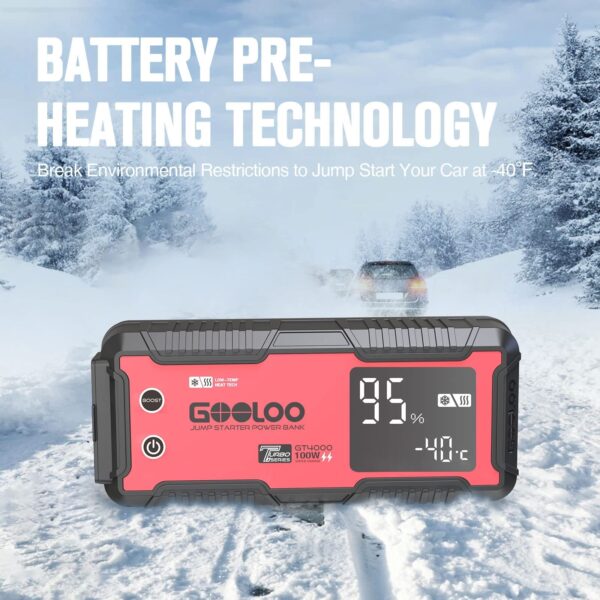 GOOLOO GT4000 Car Jump Starter 4000A 100W Fast-Charging 12V SuperSafe Portable Battery Booster Pack with -40℉ Pre-Heating Tech, Auto Jump Box Jumper Cables for 10L Diesel and 12L Gas Engine - Image 6