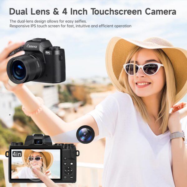 8K Digital Camera for Photography, Vlogging Camera for YouTube with Autofocus, WiFi Touchscreen 16X Digital Zoom Video Camera with 3000mAh Battery, Dual-Lens, Lens Hood, 32GB TF Card and Flash,Black - Image 8