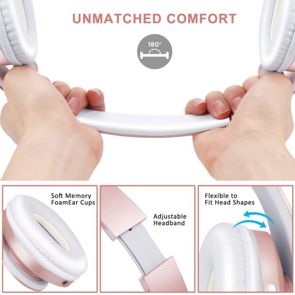ZIHNIC Bluetooth Headphones Over-Ear, Foldable Wireless and Wired Stereo Headset Micro SD/TF, FM for Cell Phone,PC,Soft Earmuffs &Light Weight for Prolonged Wearing(Rose Gold) - Image 5