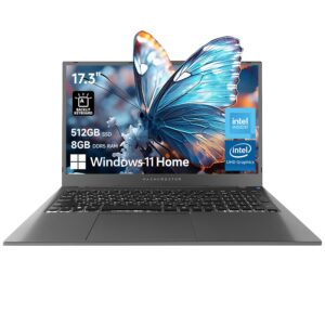 Machcreator 17.3" Laptop, FHD 120Hz, Intel Processor, 8GB DDR5 RAM, 512GB SSD, Backlit KB, Large Touchpad, Numeric Keypad, HDMI, Webcam, Camera Shutter Switch, Wi-Fi, Windows 11 Home, Modern Grey