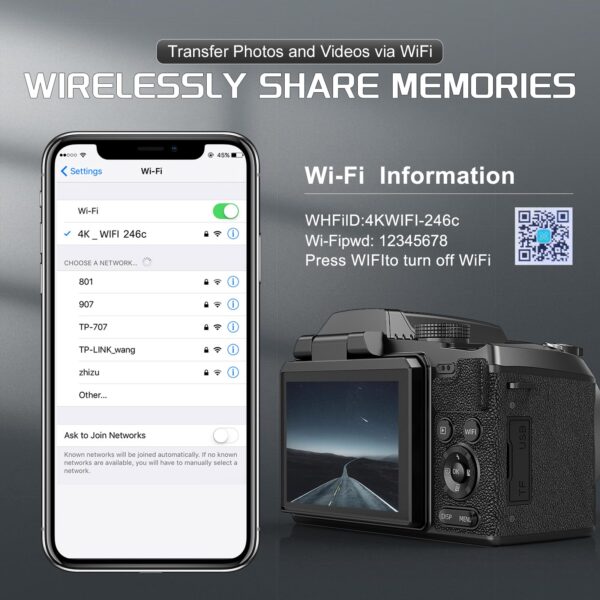 64MP Professional Digital Camera for Photography Autofocus, 5K Vlogging Camera for YouTube,16X Anti-Shake Compact Travel Camera with WiFi & App Control, Flash,SD Card, 2 Batteries (Black) - Image 2