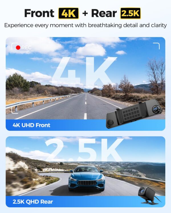 AZDOME PG17 Max 4K+2.5K Mirror Dash Cam with ADAS, BSD and LCA, 12" Rear View Mirror Camera with 5GHz WiFi and Voice Control, Rearview Mirror Backup Camera Includes 64GB Card, GPS, Parking Monitor - Image 9