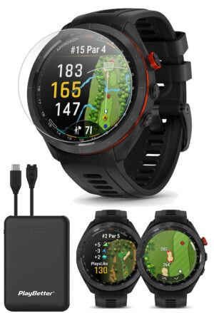 Garmin Approach S70 (Black, 47mm) Golf GPS Watch | Premium Smartwatch with AMOLED Display, Virtual Caddie & Playslike Distance | Bundle with PlayBetter Screen Protectors & Portable Charger