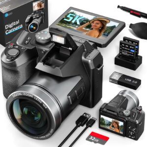 64MP Professional Digital Camera for Photography Autofocus, 5K Vlogging Camera for YouTube,16X Anti-Shake Compact Travel Camera with WiFi & App Control, Flash,SD Card, 2 Batteries (Black)