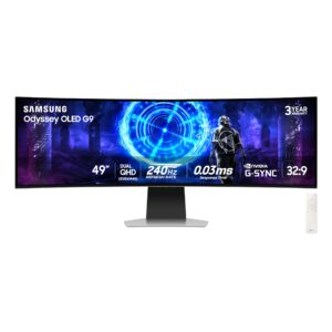 Samsung 49-Inch Odyssey G9 (G95SD) Series QD-OLED G-Sync Compatible Curved Gaming Monitor, 240Hz, 0.03ms, Dual QHD, Glare Free, FreeSync Premium Pro, Ergonomic Stand,LS49DG956SNXGO,2024, 3 Yr Warranty