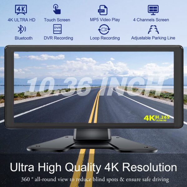 4K RV Backup Camera System 10.36" Quad Split Touch Screen Monitor with 4 1080P Rear Side View Camera, DVR Recording Bluetooth MP3 MP5 IP69 Waterproof Night Vision for RV Truck Trailer Tractor - Image 9