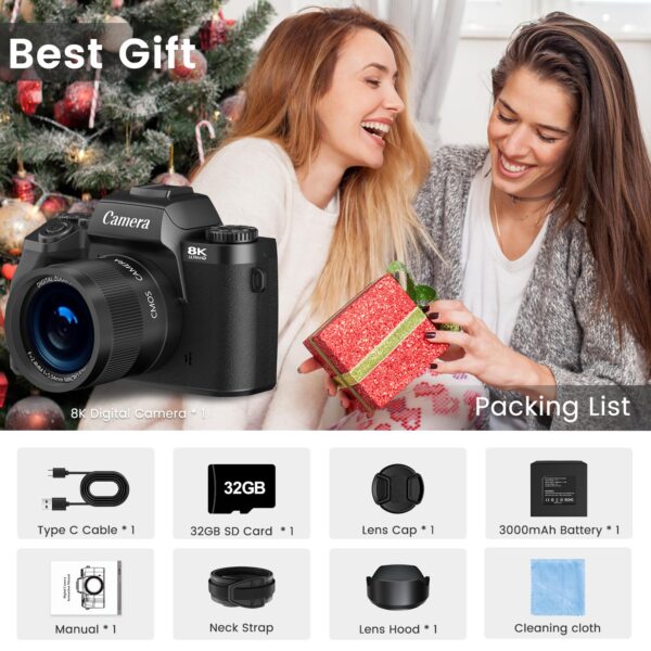 8K Digital Camera for Photography, Vlogging Camera for YouTube with Autofocus, WiFi Touchscreen 16X Digital Zoom Video Camera with 3000mAh Battery, Dual-Lens, Lens Hood, 32GB TF Card and Flash,Black - Image 2