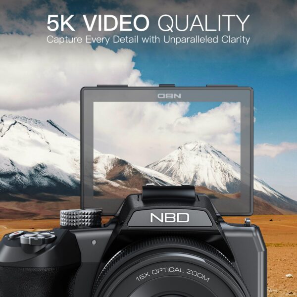 Monitech 5K Digital Cameras for Photography - 64MP Vlogging Cameras for YouTube,16X Optical Zoom Travel Point and Shoot Digital Cameras Fotograficas with 180°Flip Screen,58mm UV Lens,2 Batteries - Image 6