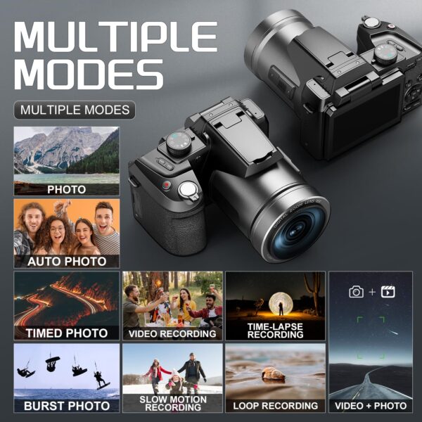 64MP Professional Digital Camera for Photography Autofocus, 5K Vlogging Camera for YouTube,16X Anti-Shake Compact Travel Camera with WiFi & App Control, Flash,SD Card, 2 Batteries (Black) - Image 7