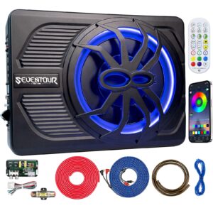 10" Upgrade 800W Slim Under Seat Powered Car Subwoofer, Car/Truck Audio Sub Built in Amplifier amp Combo, with Blue LED Light (RGB LED Subwoofer+Installation Wire Kit)