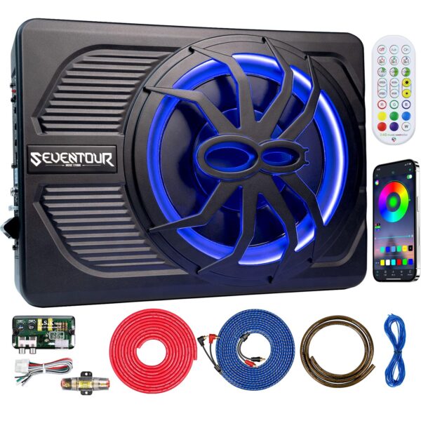 10" Upgrade 800W Slim Under Seat Powered Car Subwoofer, Car/Truck Audio Sub Built in Amplifier amp Combo, with Blue LED Light (RGB LED Subwoofer+Installation Wire Kit)