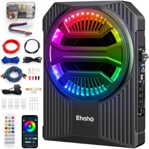 Ehaho 10" 1000W Slim Underseat Car Powered Subwoofer with Amplifier & RGB Lights – APP/Remote Control, Music Sync Bass & Rainbow Chasing Effects, Car Truck Audio Subwoofer and Amp Package