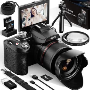NBD 64MP Digital Cameras for Photography,5K Vlogging Cameras for YouTube,16X Optical Zoom Travel Point and Shoot Digital Cameras Fotograficas with 180°Flip Screen,58mm UV Lens,2 Batteries(Black)