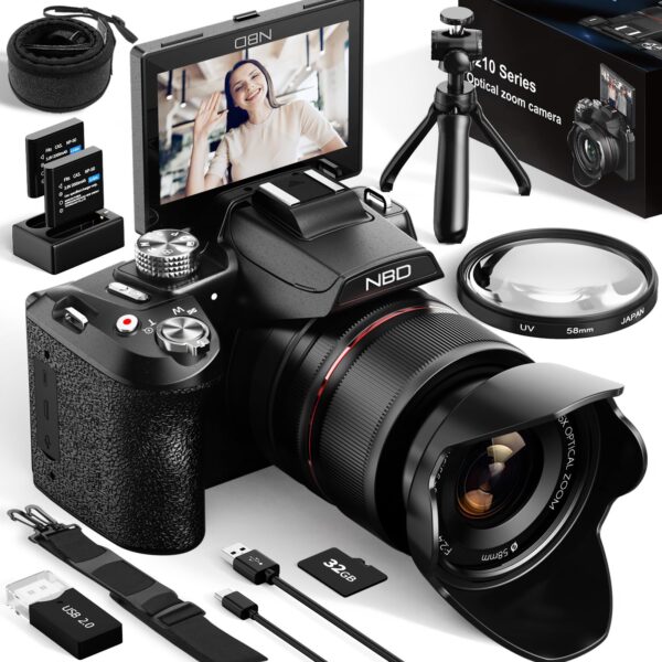 NBD 64MP Digital Cameras for Photography,5K Vlogging Cameras for YouTube,16X Optical Zoom Travel Point and Shoot Digital Cameras Fotograficas with 180°Flip Screen,58mm UV Lens,2 Batteries(Black)