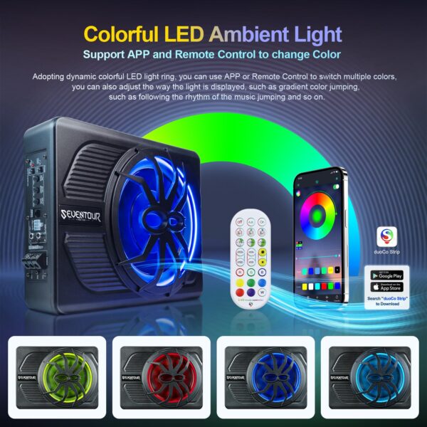 10" Upgrade 800W Slim Under Seat Powered Car Subwoofer, Car/Truck Audio Sub Built in Amplifier amp Combo, with Blue LED Light (RGB LED Subwoofer+Installation Wire Kit) - Image 7