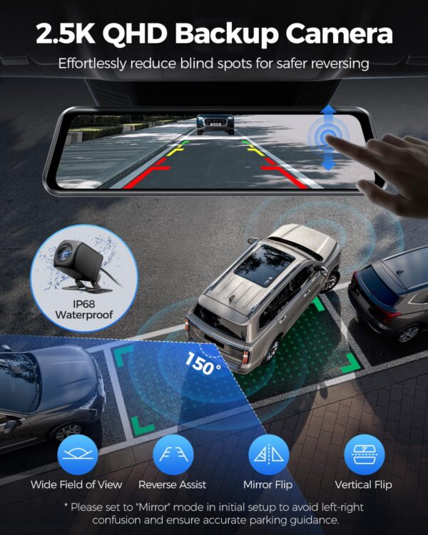 AZDOME PG17 Max 4K+2.5K Mirror Dash Cam with ADAS, BSD and LCA, 12" Rear View Mirror Camera with 5GHz WiFi and Voice Control, Rearview Mirror Backup Camera Includes 64GB Card, GPS, Parking Monitor - Image 4