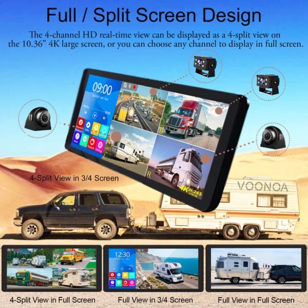 4K RV Backup Camera System 10.36" Quad Split Touch Screen Monitor with 4 1080P Rear Side View Camera, DVR Recording Bluetooth MP3 MP5 IP69 Waterproof Night Vision for RV Truck Trailer Tractor - Image 8