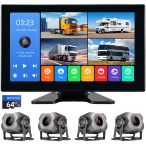 4 Channel 1080p Backup Camera Dash Cam for RV/Truck/Trailer/Van/SUV/Cars,10.2 Inch Touch Screen Quad Split Parking Monitor with DVR Recording/Playback/Bluetooth/FM Radio/Music/Video Player